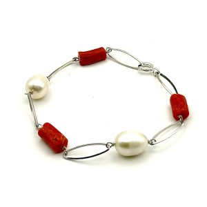 Bracelet en argent perles baroques et corail rouge