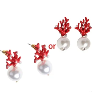 Boucles d'oreilles en perles blanches acrylique et corail rouge