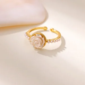 Bague imitation de perles roses , anneau ouvert en acier inoxydable couleur or