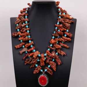 Collier pendentif corail rouge véritable turquoise bleu 3 rangs G-G, fait main
