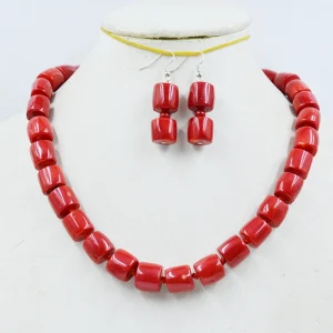 Collier et boucles d'oreilles en corail rouge naturel de 11 à 12 mm